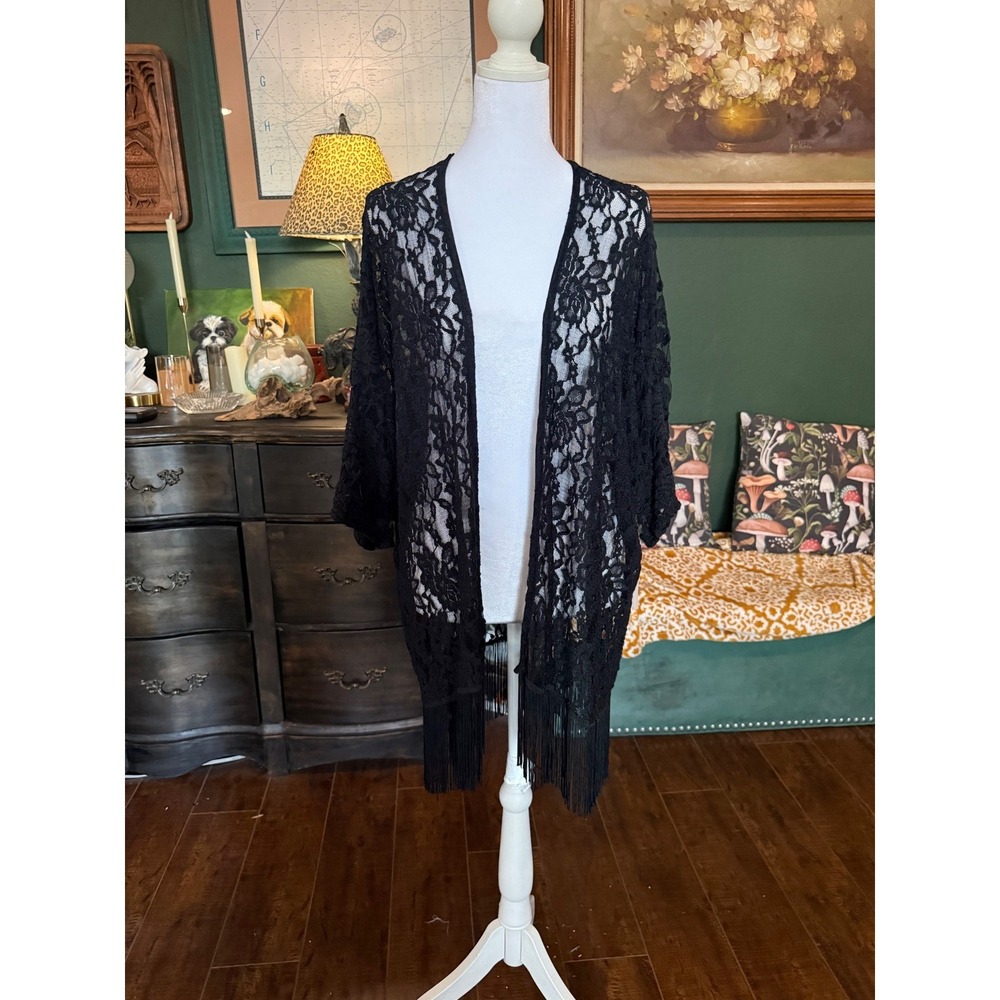Mauve Womens Black Floral Lace Kimono Cardigan Fringe Trim Open Front Size M